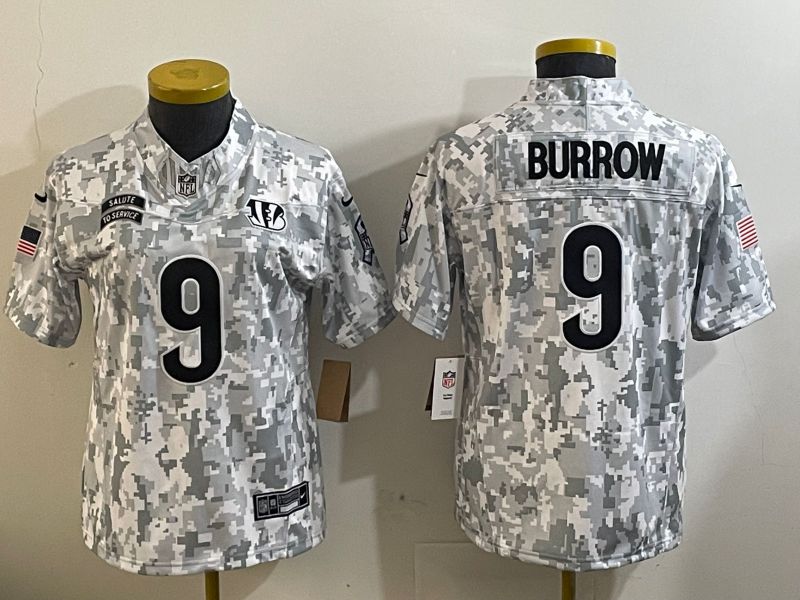 Youth Cincinnati Bengals #9 Burrow Nike Arctic Camo 2024 Salute to Service Limited NFL Jersey->denver broncos->NFL Jersey